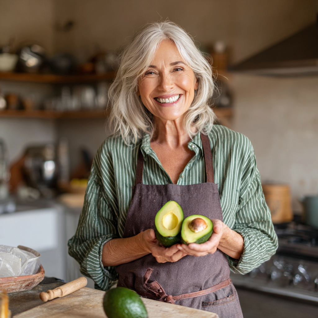 Жінка віком 55 років готує кетогенну їжу на кухні, усміхається та тримає в руках авокадо