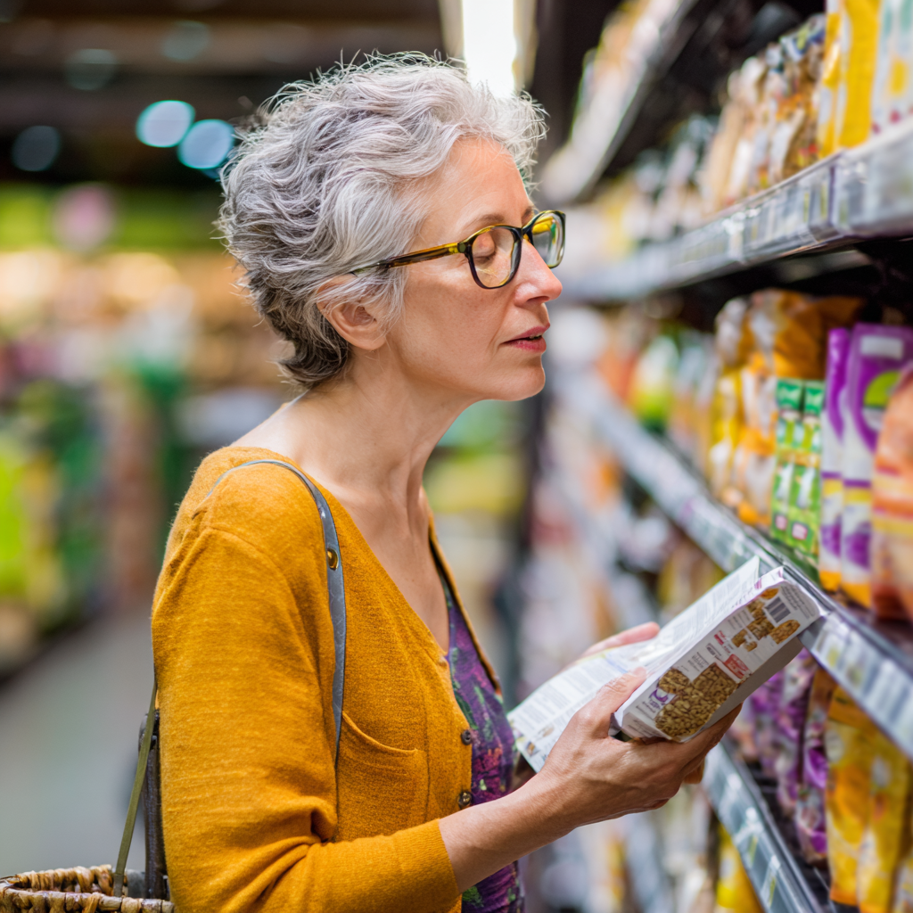 Жінка 59 років читає етикетки продуктів в магазині, вибираючи безглютенові варіанти