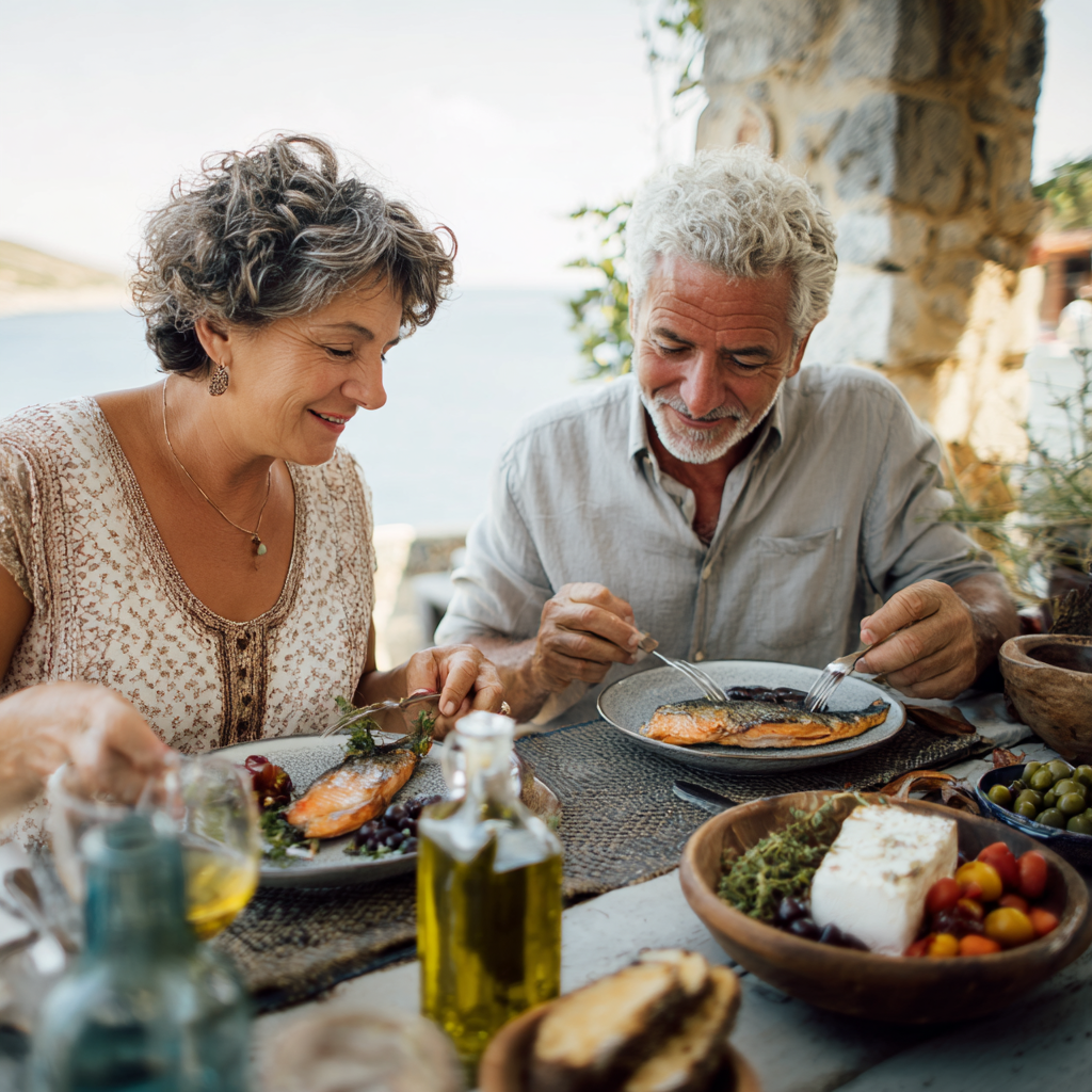 Подружжя віком 52 та 56 років насолоджується середземноморським обідом з рибою, овочами та оливковою олією