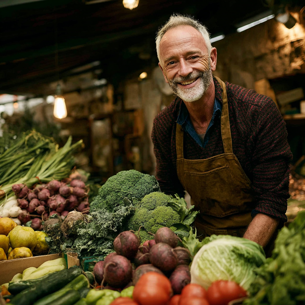 Чоловік 58 років на ринку вибирає свіжі овочі та фрукти для веганської дієти, посміхається